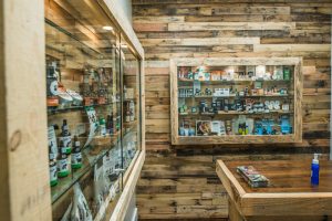 cbd products on shelves in a store