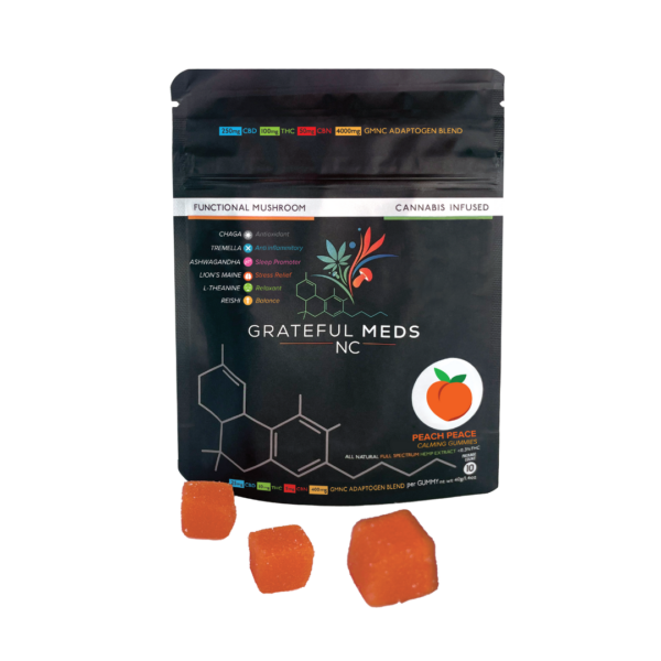 Grateful Meds | Functional Mushroom Canna Gummy | Peach Peace | CBD + THC + Four Mushroom Blend